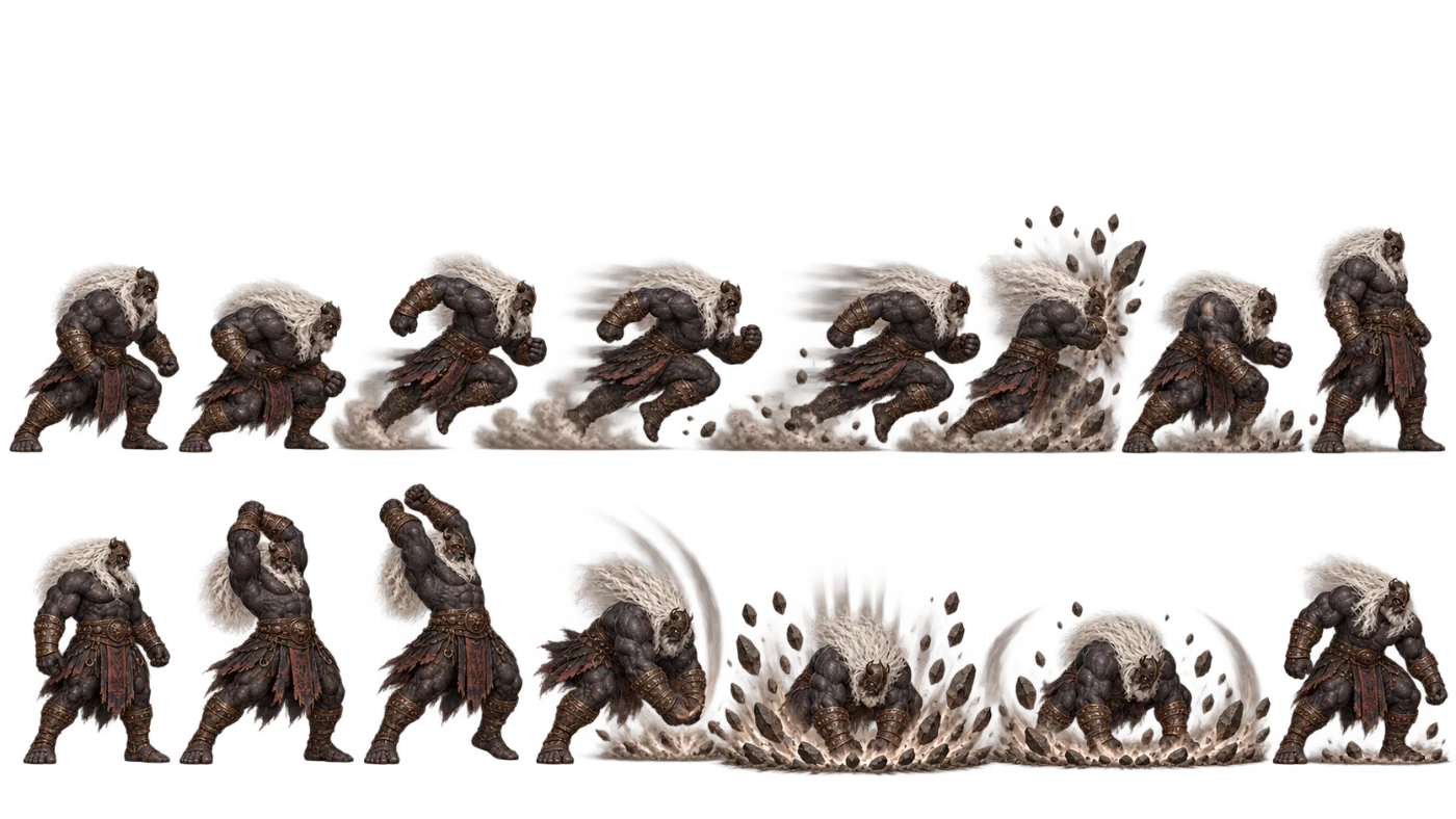 Production art showing Div-e Sepid mountain charge and ground crush moves